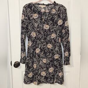 LOFT Long Sleeve Floral Mini Dress Black Tie Neck Ruffle Collar Small.